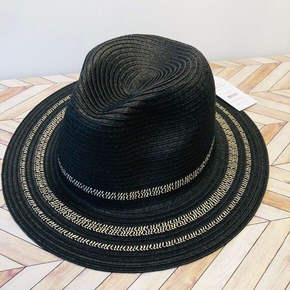 Time and Tru Women's Striped Straw Panama Hat, Black - Picture 1 of 5